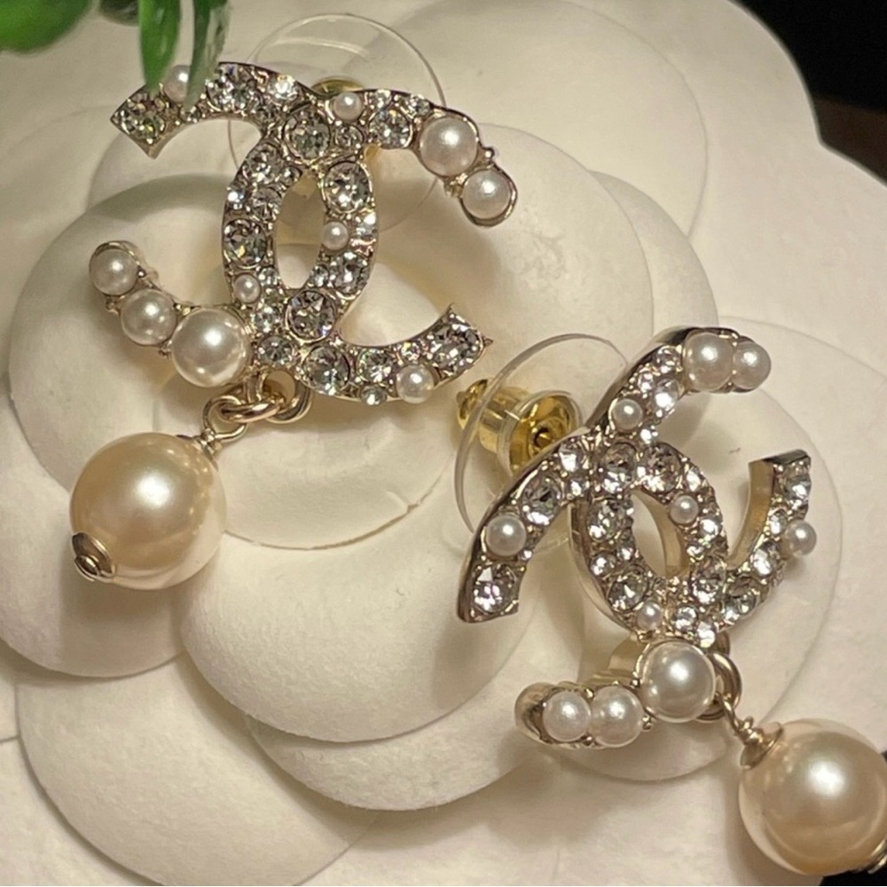 CHANEL Crystal and Pearl Gold Earrings